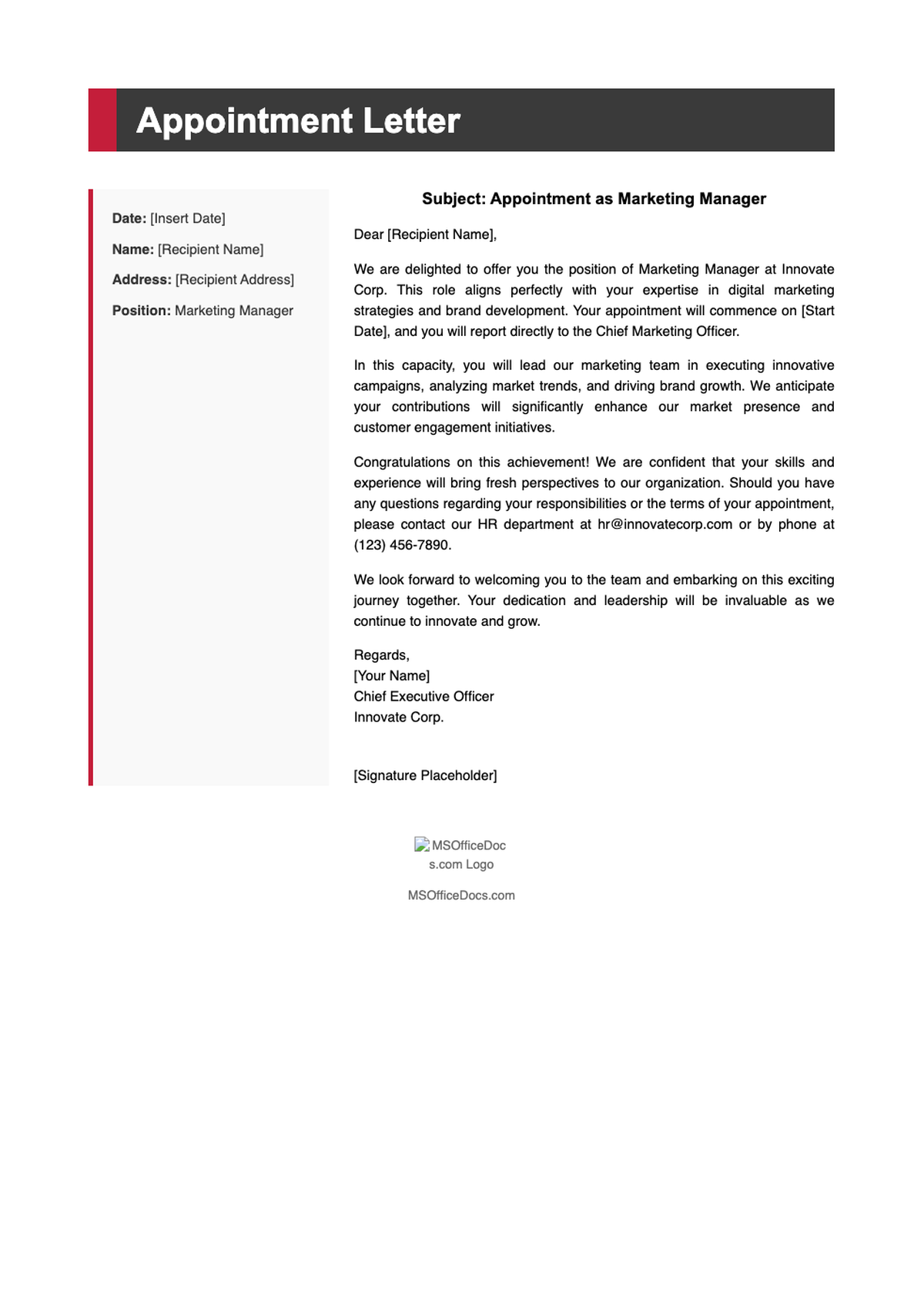 Marketing manager appointment letter template with placeholder fields and HR executive signature_variant_3